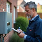 Technicien en overalls bleus vérifiant une pompe à chaleur extérieure