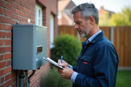 Technicien en overalls bleus vérifiant une pompe à chaleur extérieure