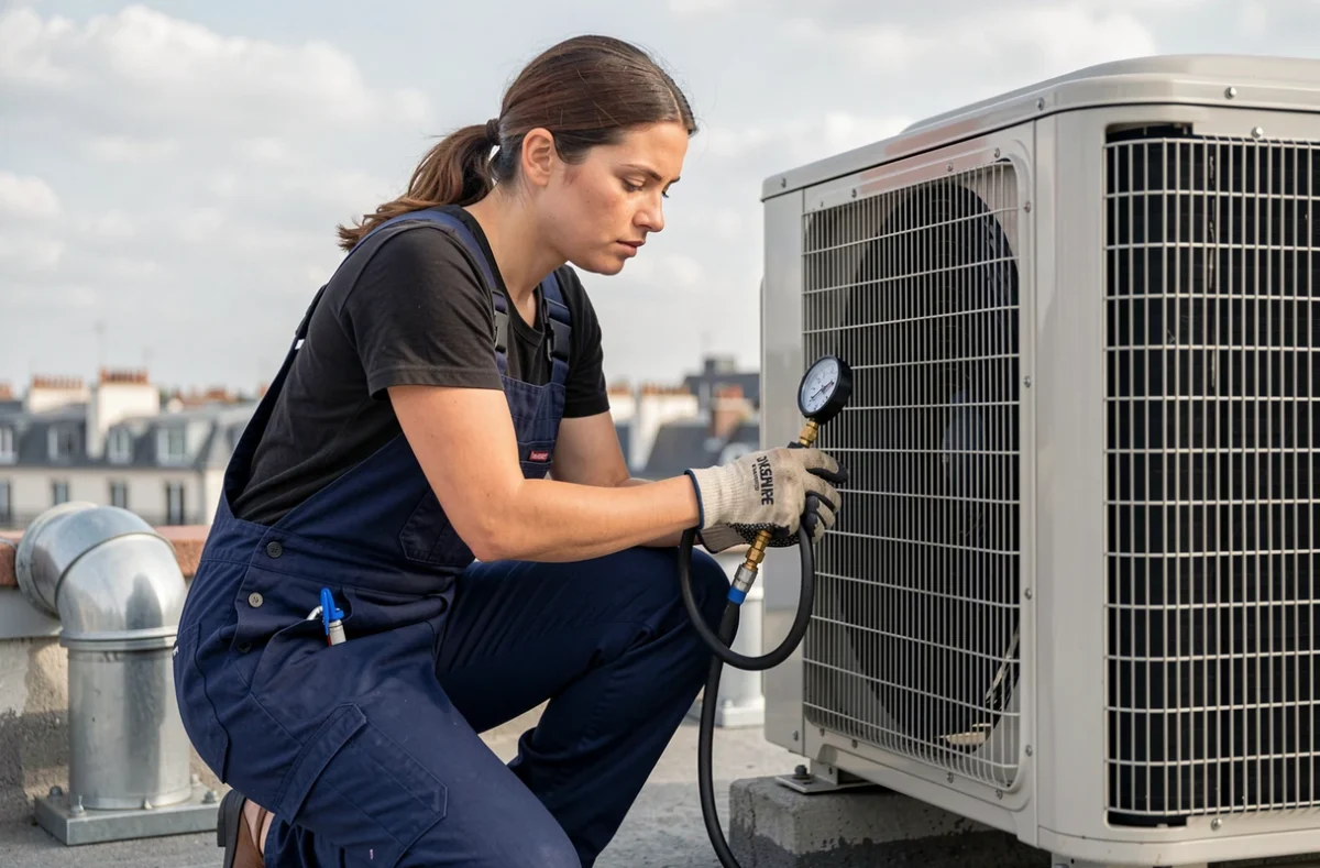 Technicienne CVC inspectant un compresseur de climatisation sur une terrasse de toit en milieu urbain avec jauge de pression en main