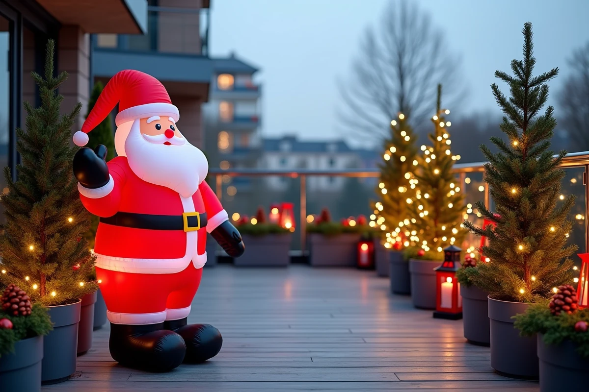 Terrasse urbaine décorée pour Noël avec père Noël gonflable et sapins en pot illuminés
