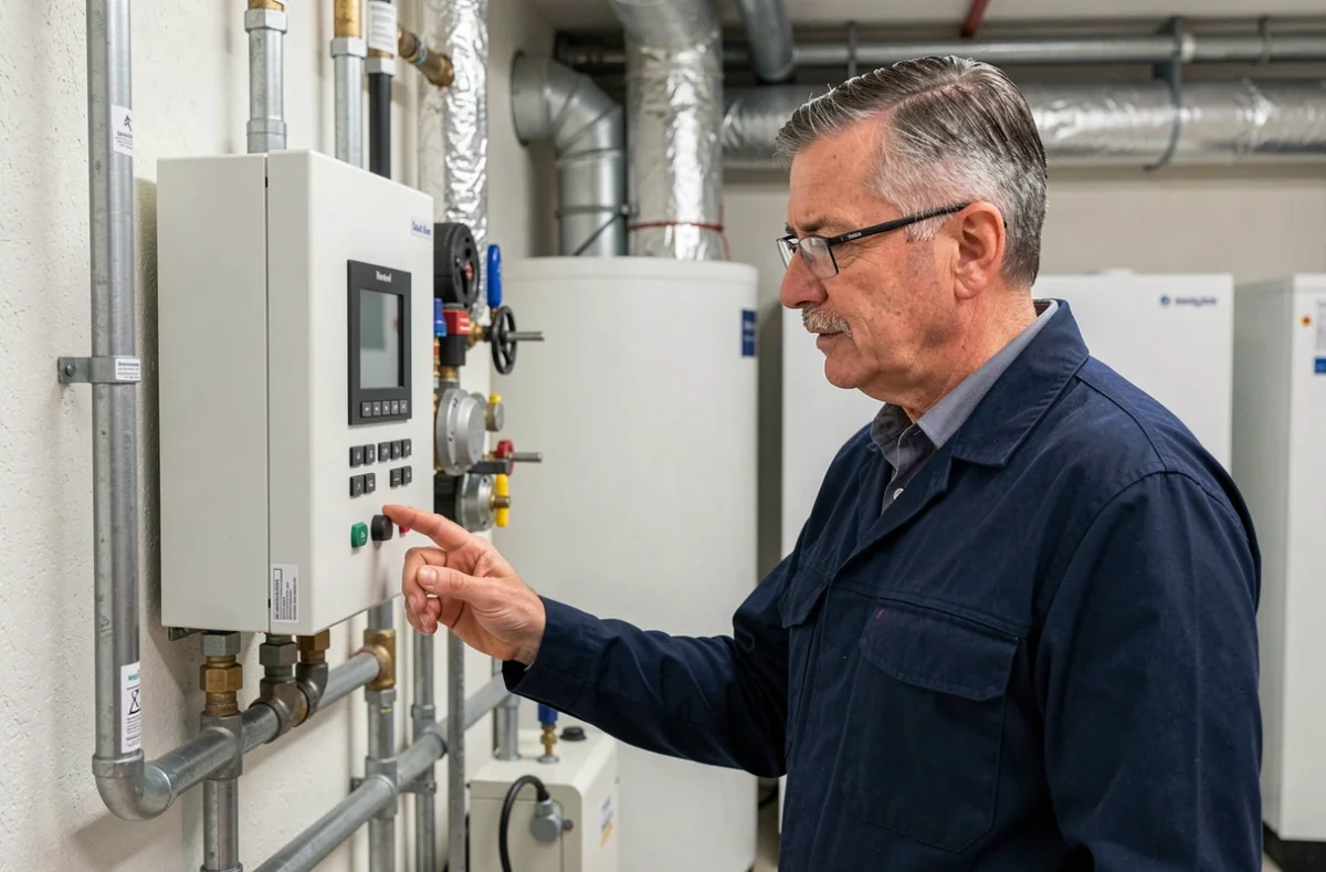Ingénieur Thermo Conseil inspectant le tableau de commande d'une pompe à chaleur dans une chaufferie du Val-d'Oise