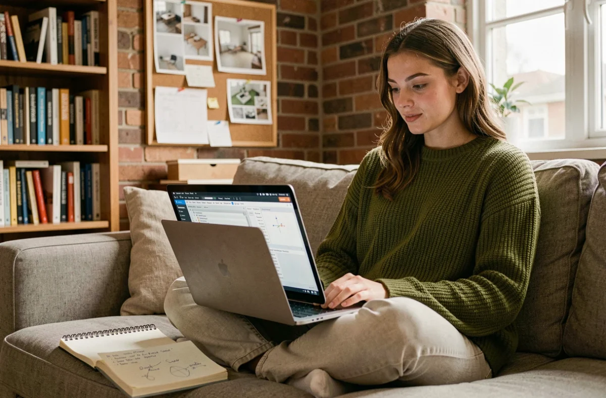 Jeune femme regardant un tutoriel de migration vers un logiciel de design professionnel sur son canapé