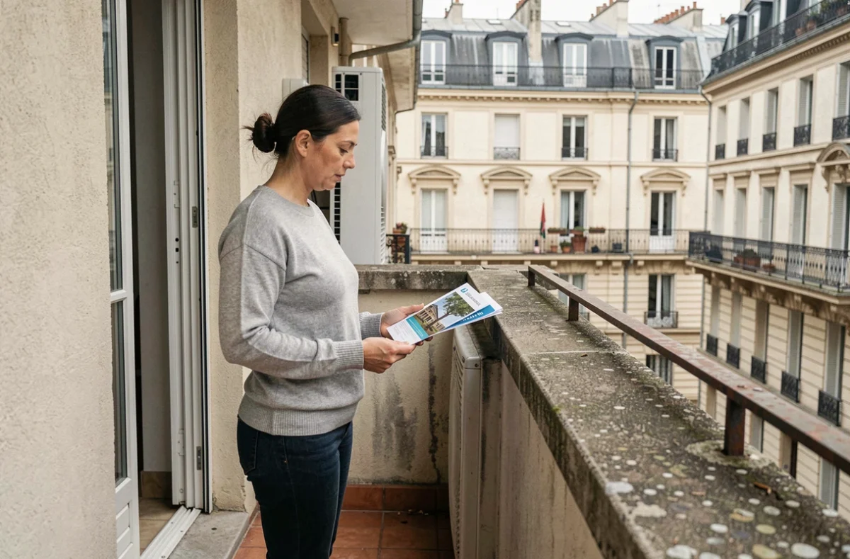Femme observant une unité extérieure de pompe à chaleur sur un balcon d'appartement parisien