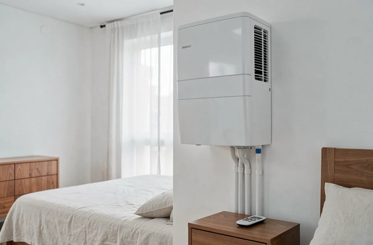 Unité intérieure de pompe à chaleur installée dans une chambre d'appartement contemporain