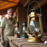 Vendeur de lampes à pétrole vintage sur un marché aux puces avec étiquettes de prix visibles