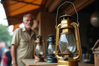 Vendeur de lampes à pétrole vintage sur un marché aux puces avec étiquettes de prix visibles