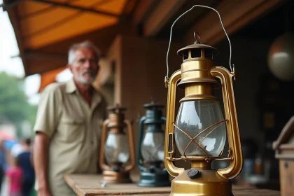 Vendeur de lampes à pétrole vintage sur un marché aux puces avec étiquettes de prix visibles