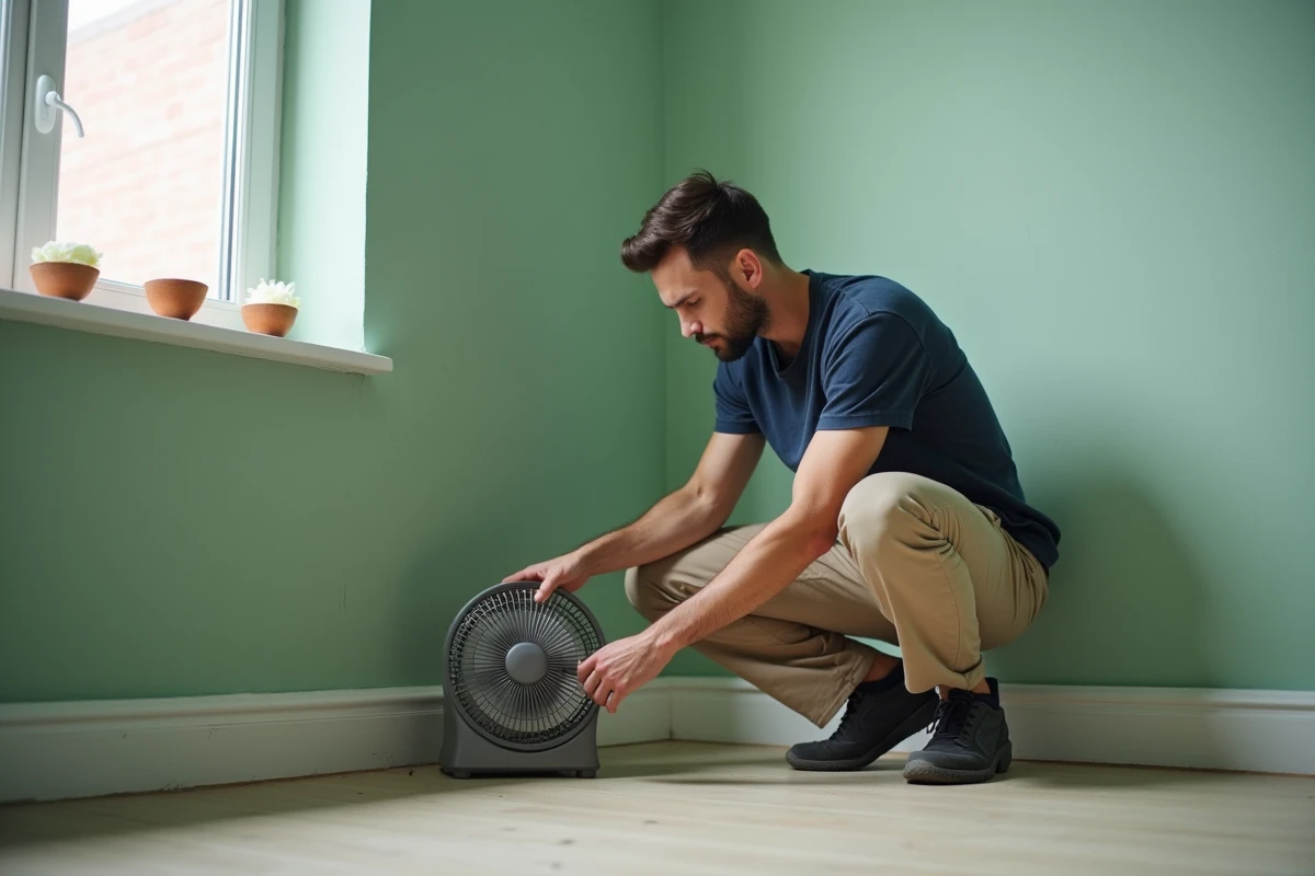 Homme utilisant un ventilateur et du vinaigre blanc pour neutraliser l'odeur de peinture dans une chambre