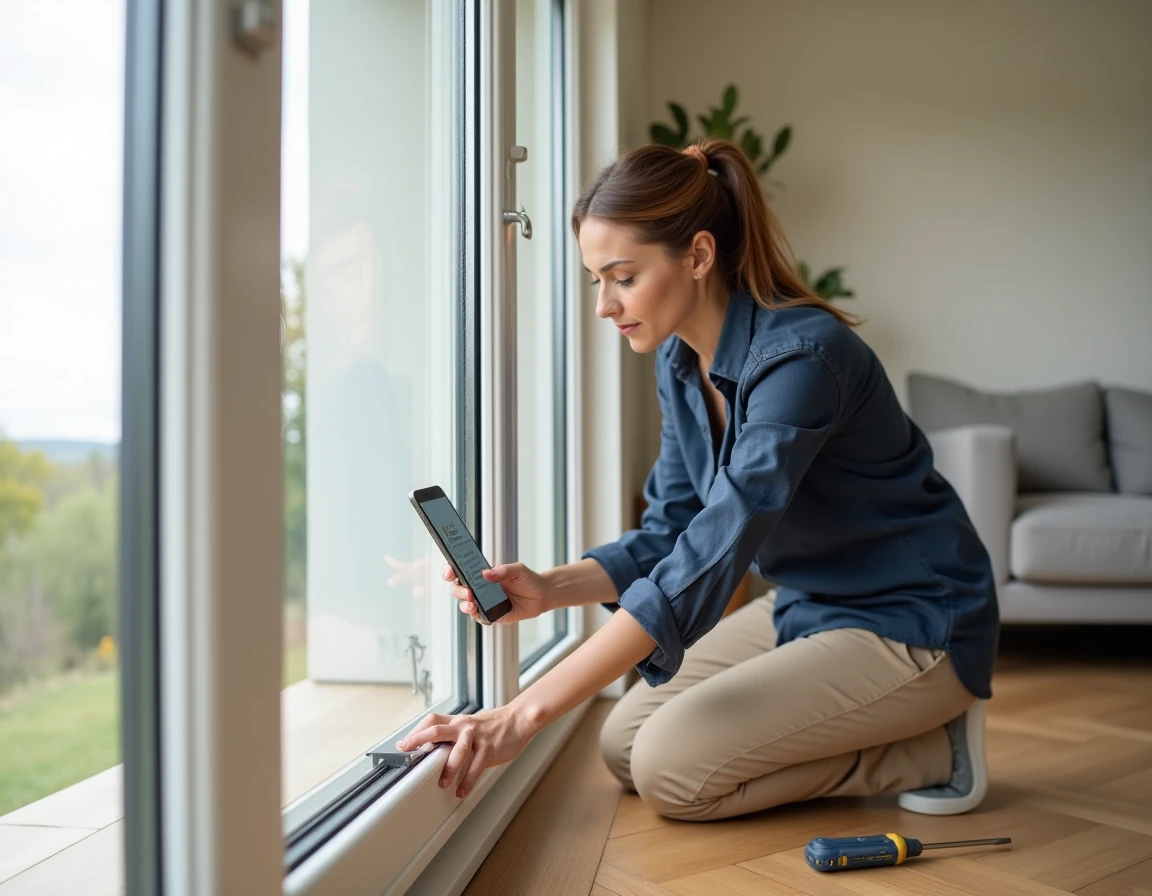 Femme vérifiant le rail intérieur d'un volet roulant solaire avec un tournevis en suivant une check-list sur smartphone