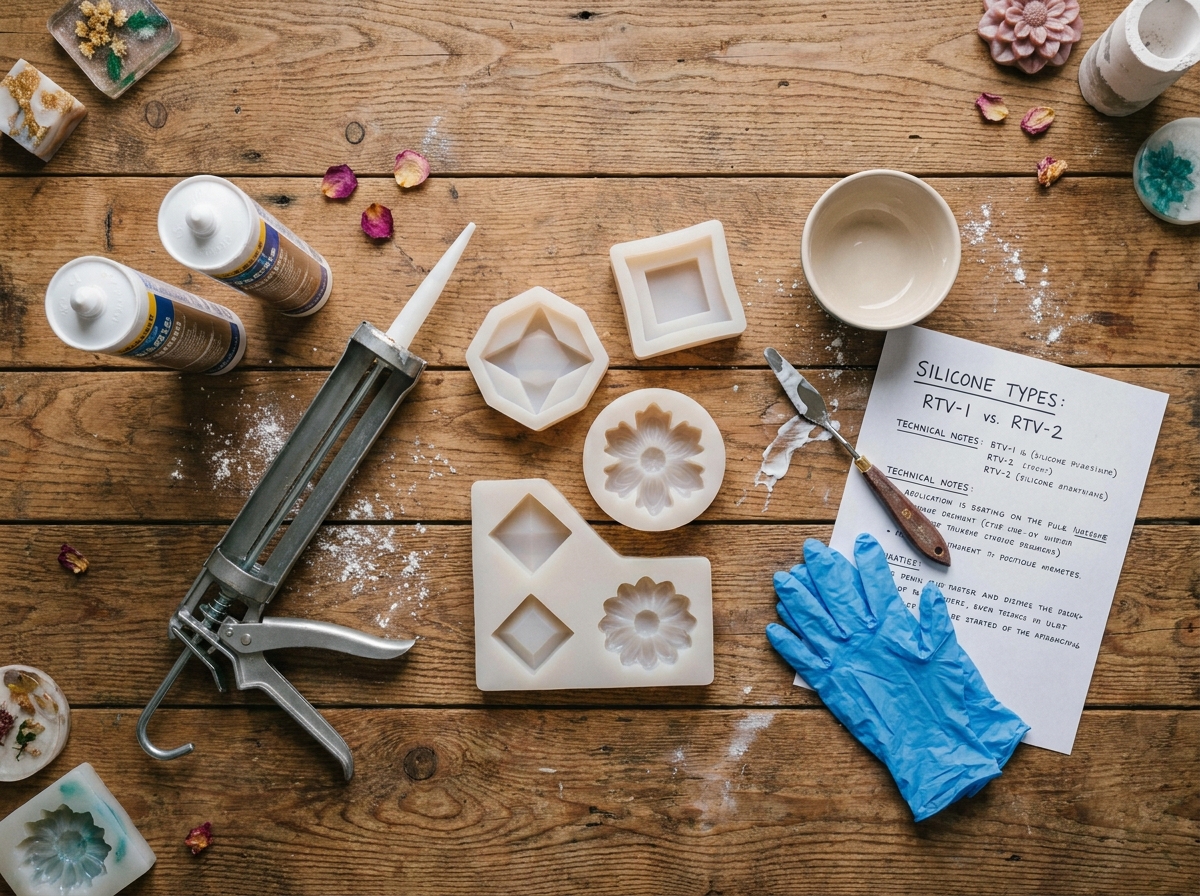 Vue de dessus d'une table d'atelier avec du silicone, des moules décoratifs, une fiche technique manuscrite et des outils de moulage pour bricolage maison